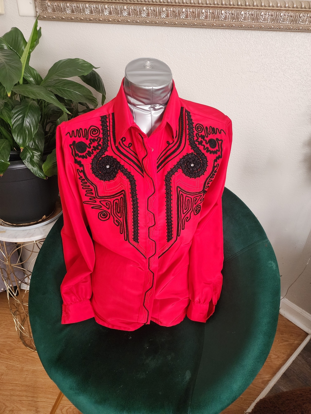 Womans Red Embroidered Lightweight Shirt Jacket